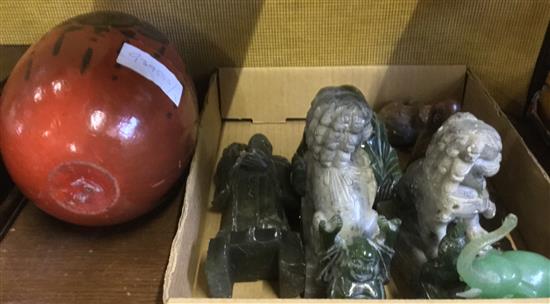 Collection of hardstone carvings & a lacquered egg